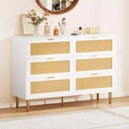Cassettiera in rattan a 6 cassetti per camera da letto, Comò con gambe e maniglie dorate, Cassettiera doppia larga con piano d'appoggio e design antiribaltamento