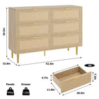Cassettiera in rattan a 6 cassetti per camera da letto, Comò con gambe e maniglie dorate, Cassettiera doppia larga con piano d'appoggio e design antiribaltamento