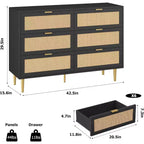 Cassettiera in rattan a 6 cassetti per camera da letto, Comò con gambe e maniglie dorate, Cassettiera doppia larga con piano d'appoggio e design antiribaltamento