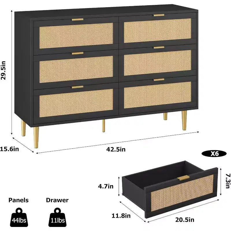 Cassettiera in rattan a 6 cassetti per camera da letto, Comò con gambe e maniglie dorate, Cassettiera doppia larga con piano d'appoggio e design antiribaltamento