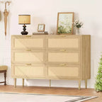 Cassettiera in rattan a 6 cassetti per camera da letto, Comò con gambe e maniglie dorate, Cassettiera doppia larga con piano d'appoggio e design antiribaltamento