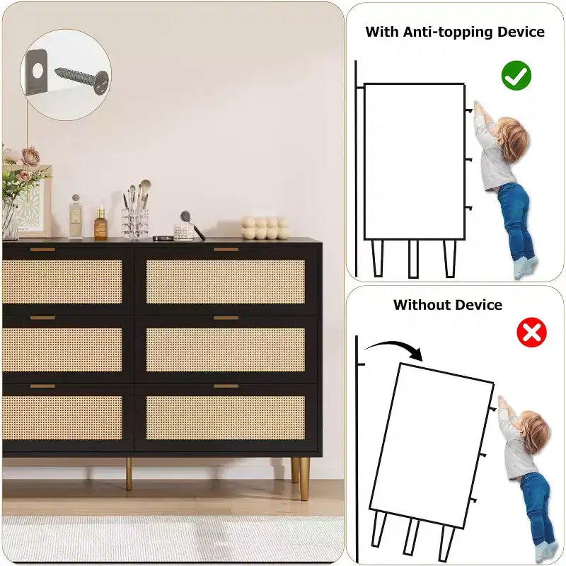 Cassettiera in rattan a 6 cassetti per camera da letto, Comò con gambe e maniglie dorate, Cassettiera doppia larga con piano d'appoggio e design antiribaltamento