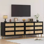 Cassettiera in rattan a 6 cassetti per camera da letto, Comò con gambe e maniglie dorate, Cassettiera doppia larga con piano d'appoggio e design antiribaltamento