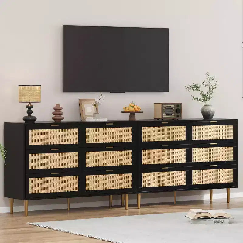 Cassettiera in rattan a 6 cassetti per camera da letto, Comò con gambe e maniglie dorate, Cassettiera doppia larga con piano d'appoggio e design antiribaltamento