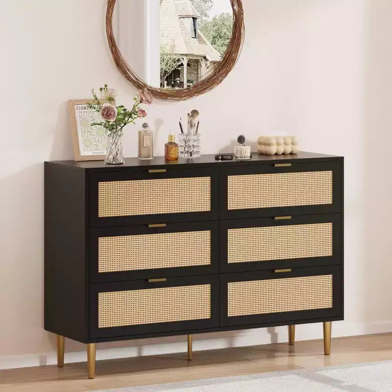Cassettiera in rattan a 6 cassetti per camera da letto, Comò con gambe e maniglie dorate, Cassettiera doppia larga con piano d'appoggio e design antiribaltamento