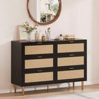 Cassettiera in rattan a 6 cassetti per camera da letto, Comò con gambe e maniglie dorate, Cassettiera doppia larga con piano d'appoggio e design antiribaltamento