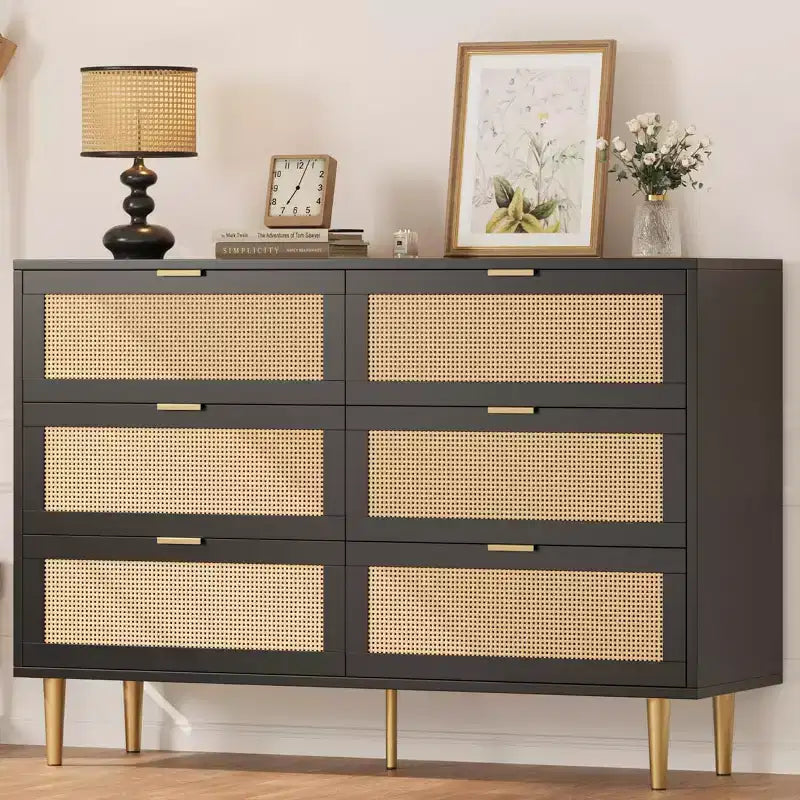 Cassettiera in rattan a 6 cassetti per camera da letto, Comò con gambe e maniglie dorate, Cassettiera doppia larga con piano d'appoggio e design antiribaltamento