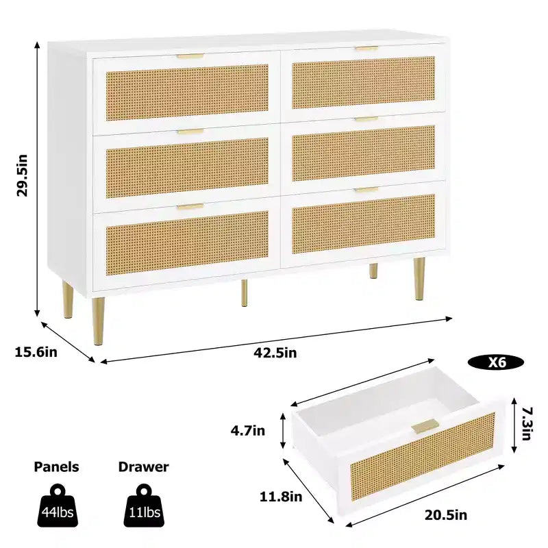 Cassettiera in rattan a 6 cassetti per camera da letto, Comò con gambe e maniglie dorate, Cassettiera doppia larga con piano d'appoggio e design antiribaltamento