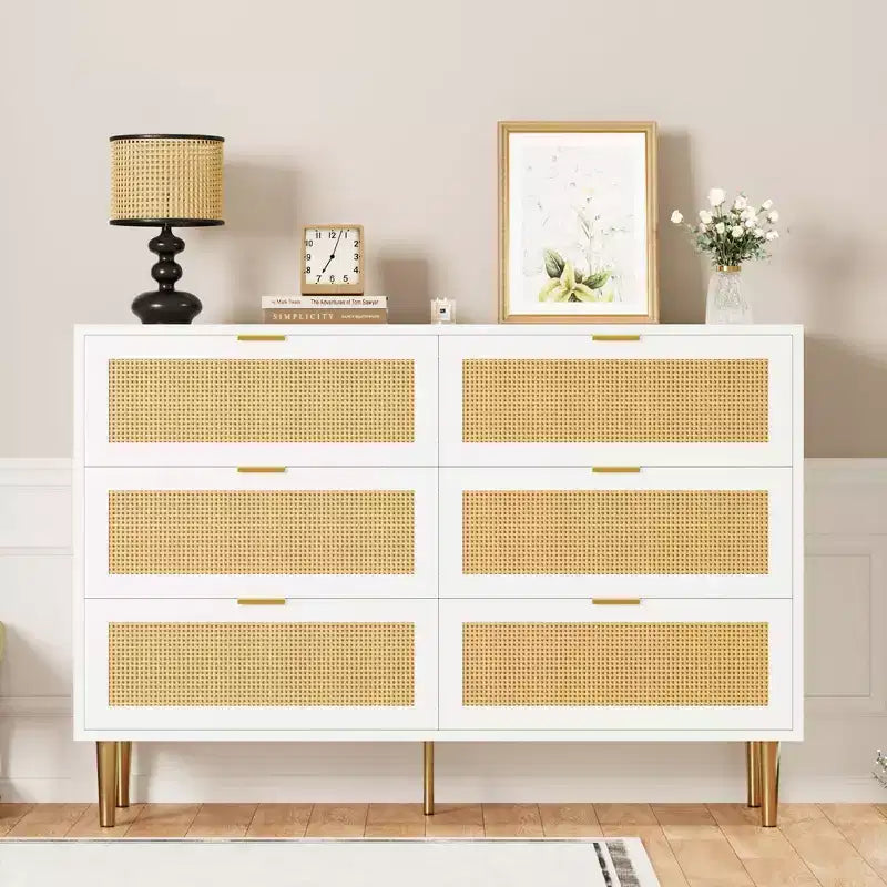 Cassettiera in rattan a 6 cassetti per camera da letto, Comò con gambe e maniglie dorate, Cassettiera doppia larga con piano d'appoggio e design antiribaltamento