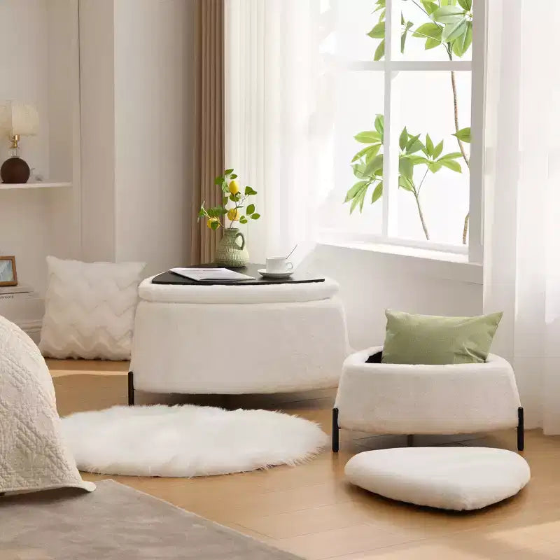 Panca Contenitore Ottomana Set da 2, Poggiapiedi Ottomano Imbottito con Contenitore, Tavolino da Salotto con Coperchio Reversibile per Soggiorno Camera da Letto Ingresso
