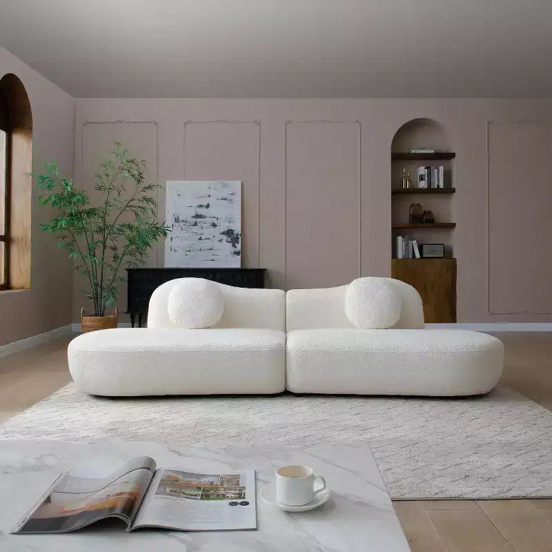 Modern Curved Modular 3-Seater Sofa, Boucle Upholstered Crescent Couch with Butterfly Backrest and 2 Pillows for Living Room or Bedroom
