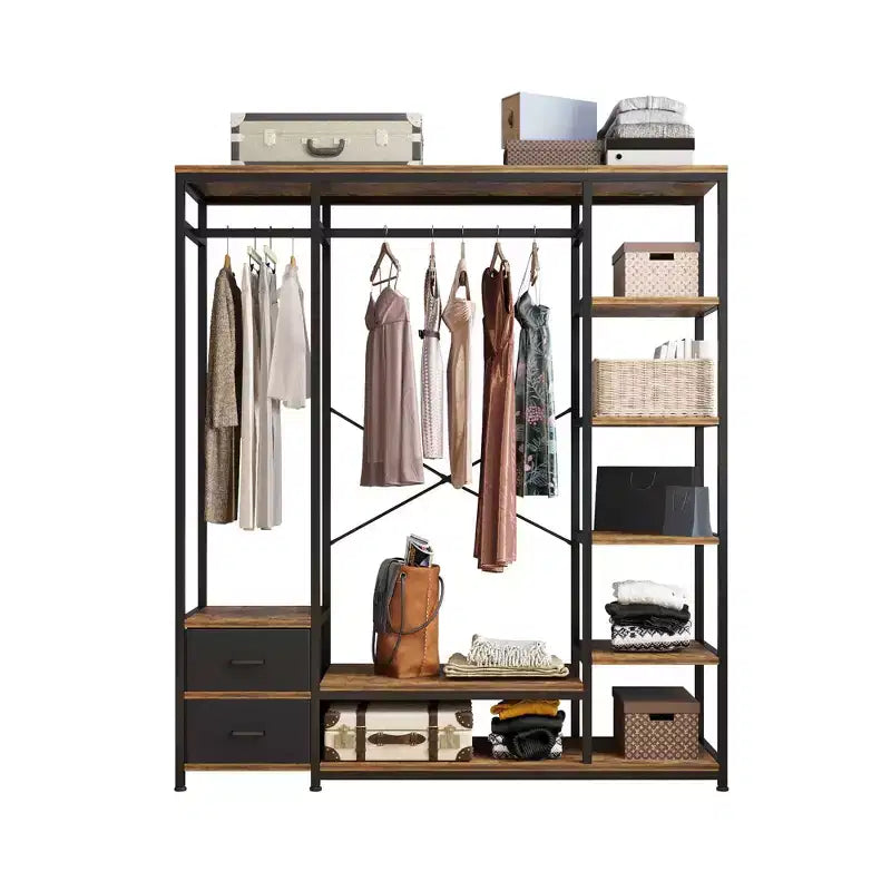 Armadio Aperto Karl con Pannello di Truciolato Marrone Vintage e Struttura in Ferro Nero 150x40x180 cm