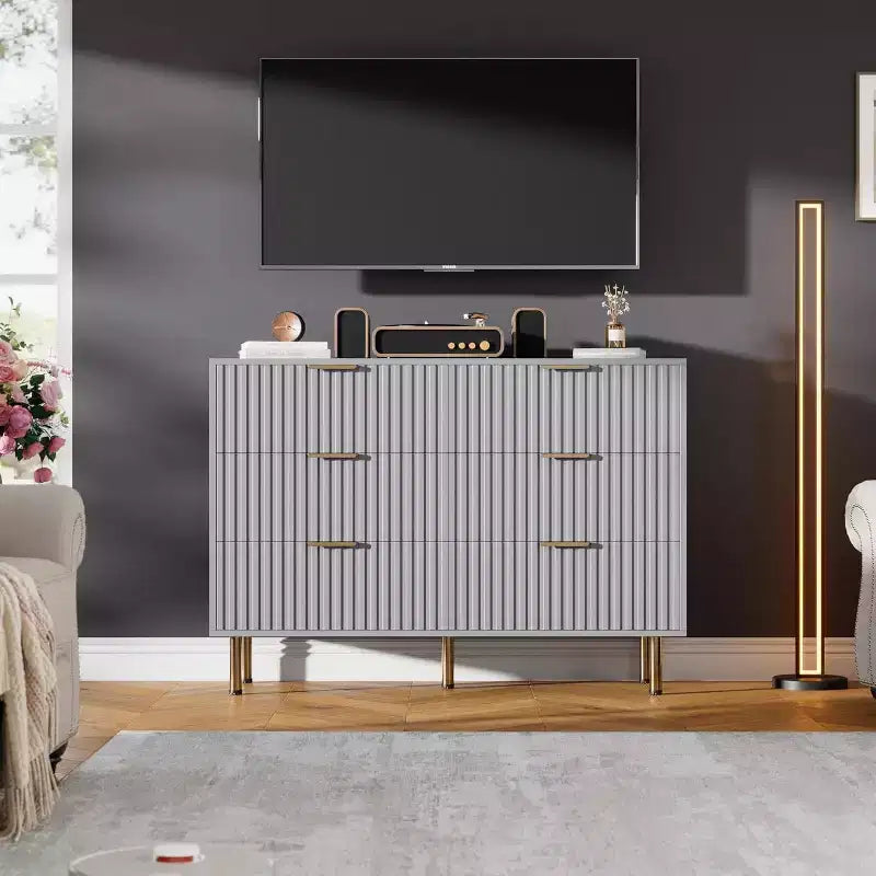 Coolmee Cassettiera a 6 cassetti per camera da letto, Comò moderno scanalato con cassetti profondi, Cassettiera doppia lunga e grande Porta TV per soggiorno, corridoio