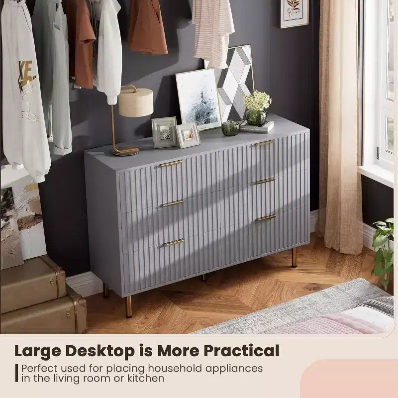 Coolmee Cassettiera a 6 cassetti per camera da letto, Comò moderno scanalato con cassetti profondi, Cassettiera doppia lunga e grande Porta TV per soggiorno, corridoio