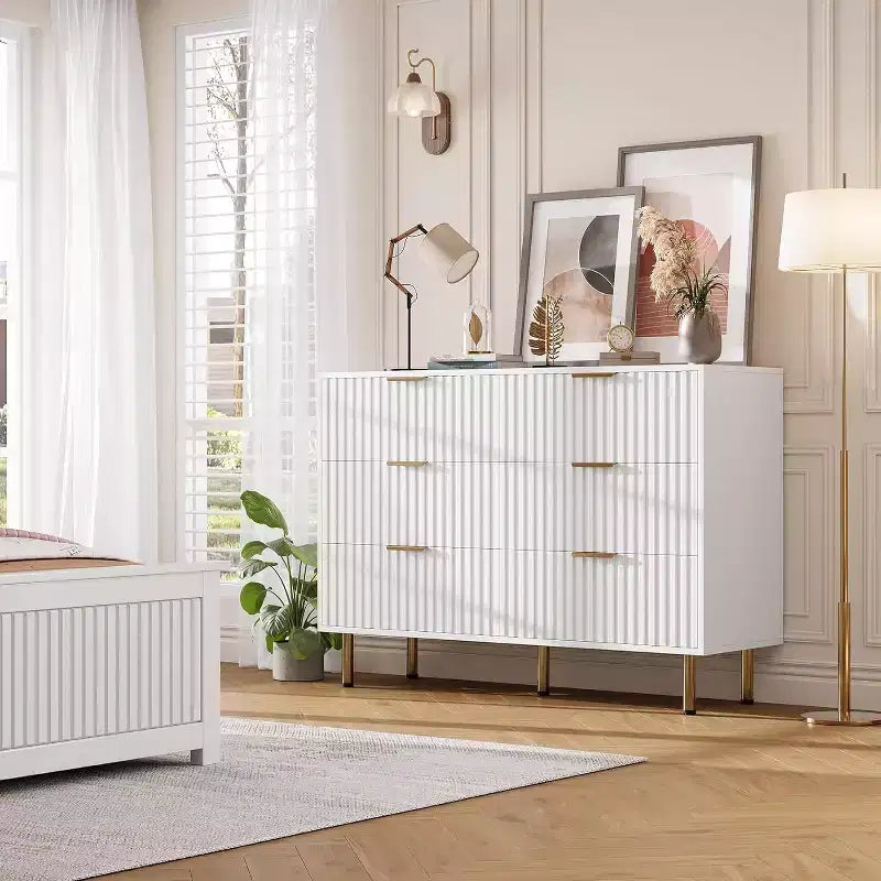Coolmee Cassettiera a 6 cassetti per camera da letto, Comò moderno scanalato con cassetti profondi, Cassettiera doppia lunga e grande Porta TV per soggiorno, corridoio
