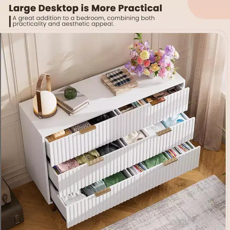 Coolmee Cassettiera a 6 cassetti per camera da letto, Comò moderno scanalato con cassetti profondi, Cassettiera doppia lunga e grande Porta TV per soggiorno, corridoio