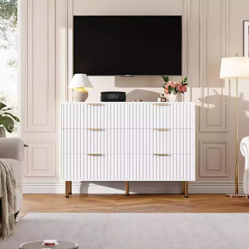 Coolmee Cassettiera a 6 cassetti per camera da letto, Comò moderno scanalato con cassetti profondi, Cassettiera doppia lunga e grande Porta TV per soggiorno, corridoio