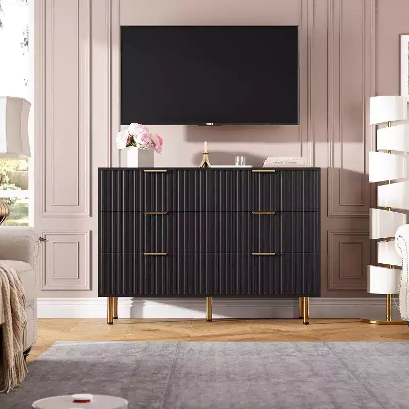 Coolmee Cassettiera a 6 cassetti per camera da letto, Comò moderno scanalato con cassetti profondi, Cassettiera doppia lunga e grande Porta TV per soggiorno, corridoio