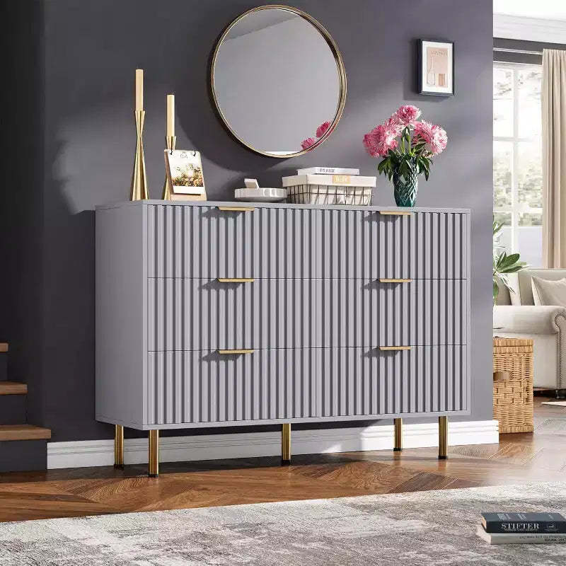 Coolmee Cassettiera a 6 cassetti per camera da letto, Comò moderno scanalato con cassetti profondi, Cassettiera doppia lunga e grande Porta TV per soggiorno, corridoio