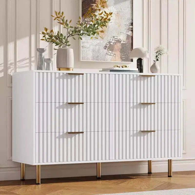 Coolmee Cassettiera a 6 cassetti per camera da letto, Comò moderno scanalato con cassetti profondi, Cassettiera doppia lunga e grande Porta TV per soggiorno, corridoio