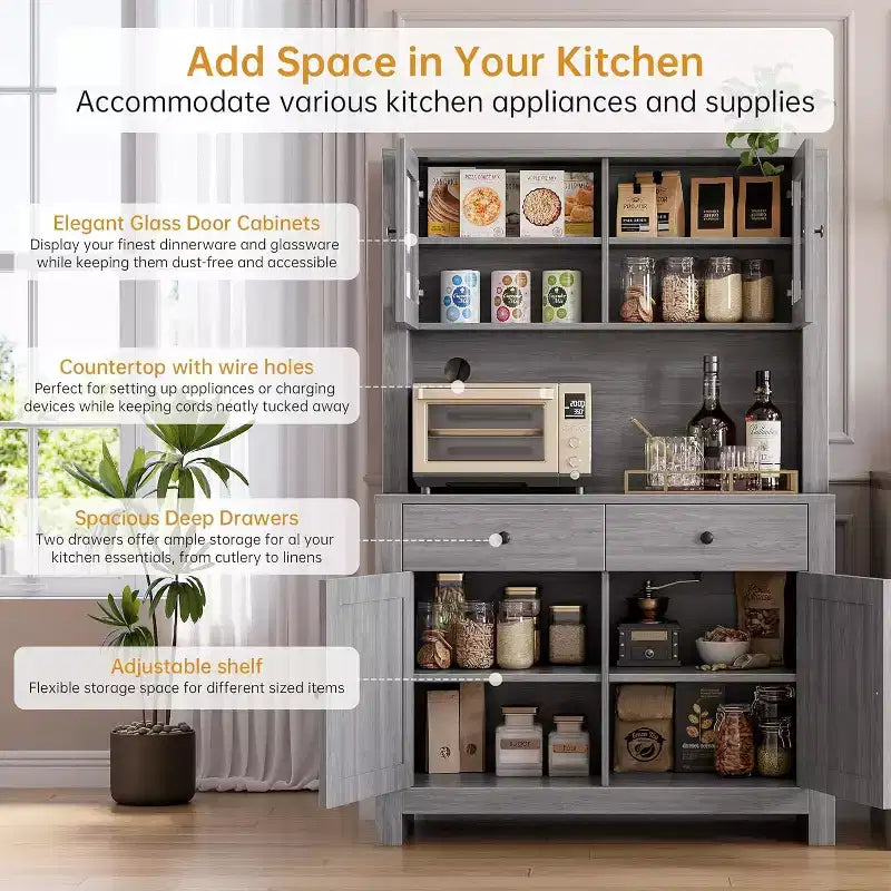 Dispensa da Cucina con Supporto per Microonde e Angolo Caffè, Madia Indipendente con Cassetti, Ante e Ripiani Regolabili
