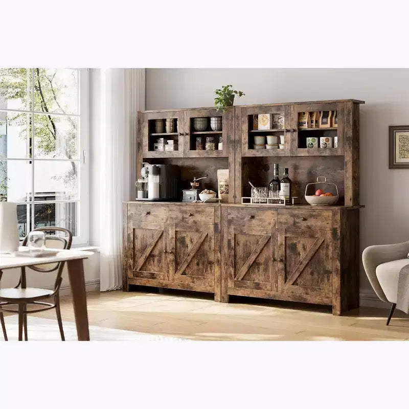 Dispensa da Cucina con Supporto per Microonde e Angolo Caffè, Madia Indipendente con Cassetti, Ante e Ripiani Regolabili