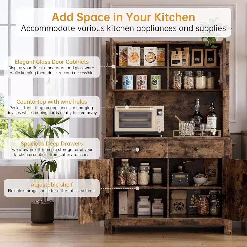 Dispensa da Cucina con Supporto per Microonde e Angolo Caffè, Madia Indipendente con Cassetti, Ante e Ripiani Regolabili