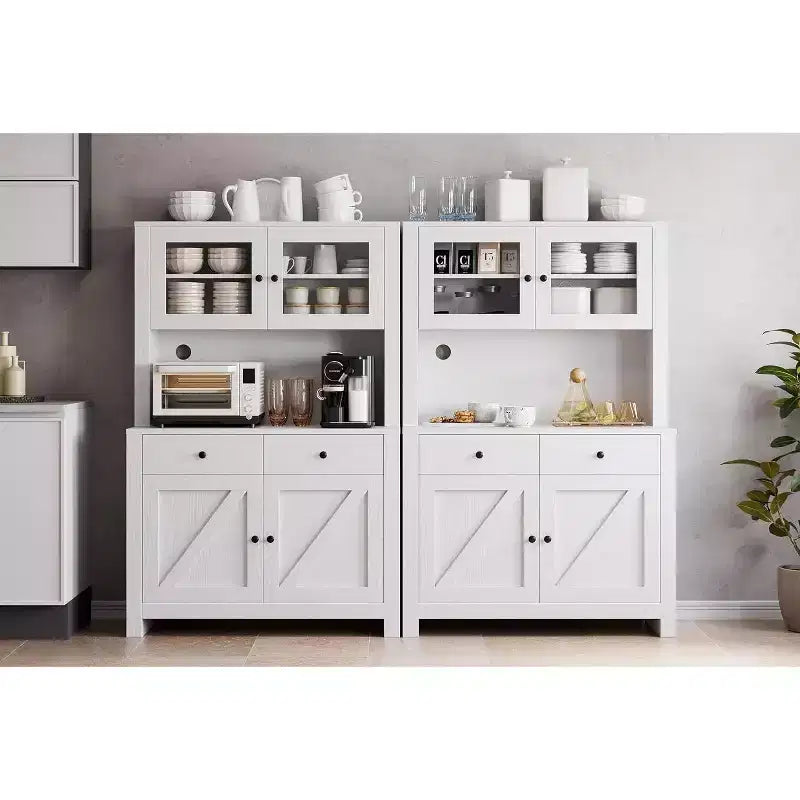 Dispensa da Cucina con Supporto per Microonde e Angolo Caffè, Madia Indipendente con Cassetti, Ante e Ripiani Regolabili