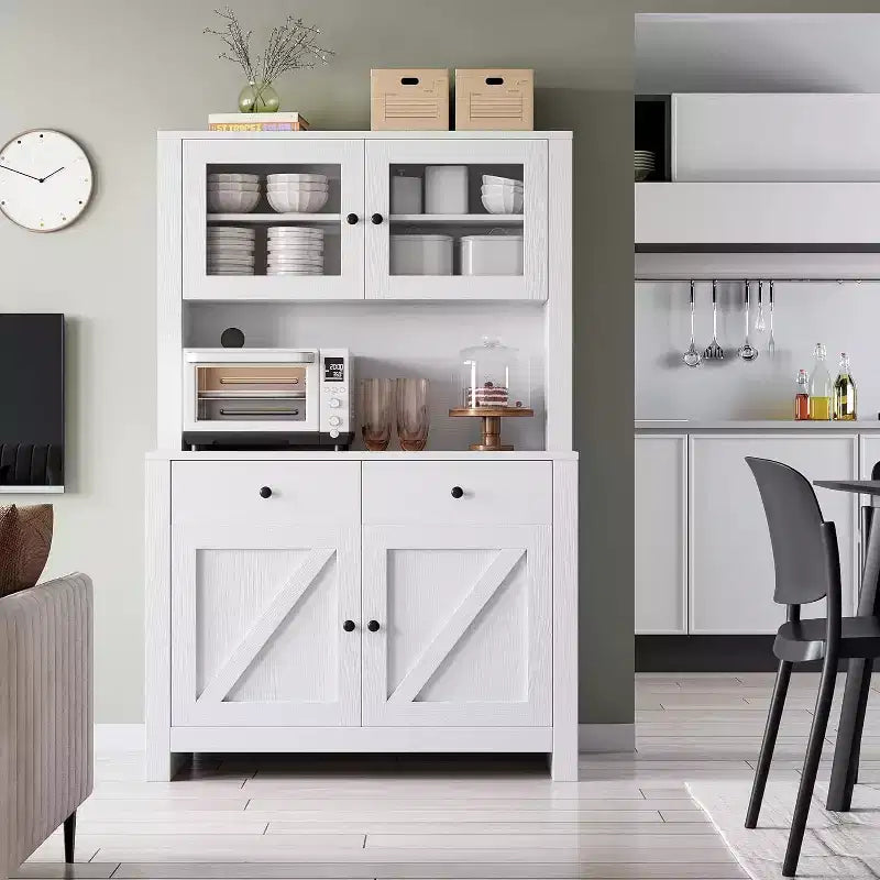 Dispensa da Cucina con Supporto per Microonde e Angolo Caffè, Madia Indipendente con Cassetti, Ante e Ripiani Regolabili