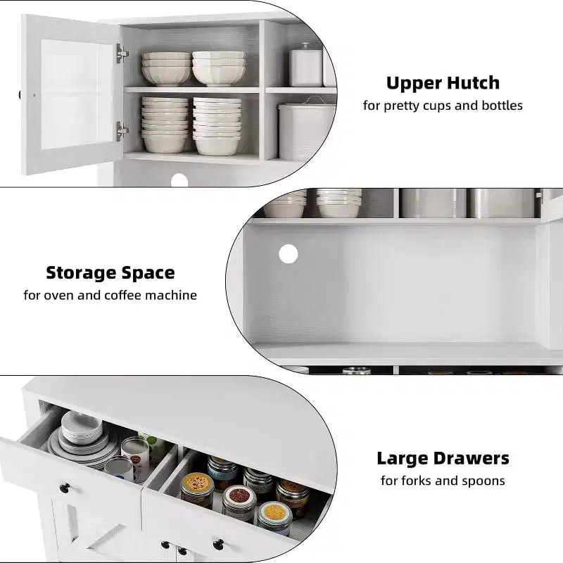 Dispensa da Cucina con Supporto per Microonde e Angolo Caffè, Madia Indipendente con Cassetti, Ante e Ripiani Regolabili