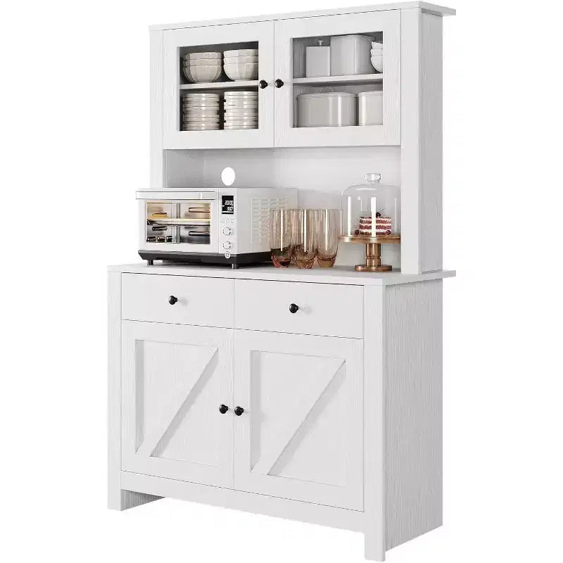 Dispensa da Cucina con Supporto per Microonde e Angolo Caffè, Madia Indipendente con Cassetti, Ante e Ripiani Regolabili