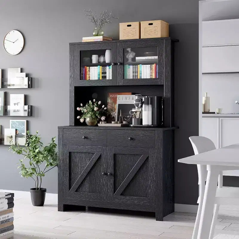 Dispensa da Cucina con Supporto per Microonde e Angolo Caffè, Madia Indipendente con Cassetti, Ante e Ripiani Regolabili