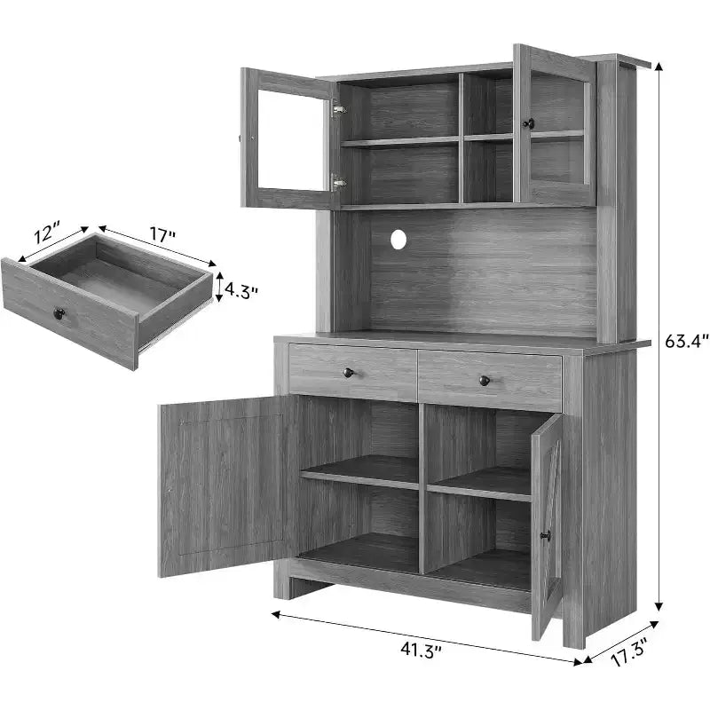 Dispensa da Cucina con Supporto per Microonde e Angolo Caffè, Madia Indipendente con Cassetti, Ante e Ripiani Regolabili