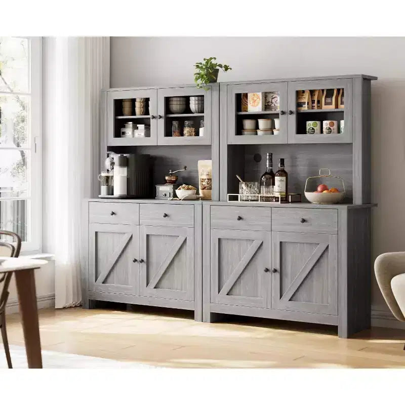 Dispensa da Cucina con Supporto per Microonde e Angolo Caffè, Madia Indipendente con Cassetti, Ante e Ripiani Regolabili