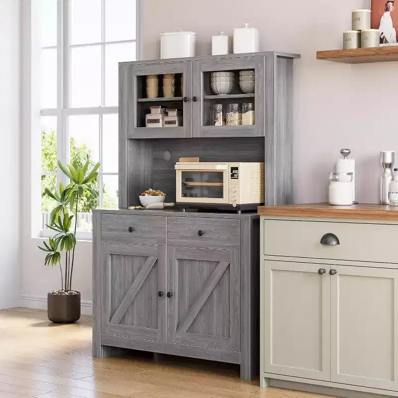 Dispensa da Cucina con Supporto per Microonde e Angolo Caffè, Madia Indipendente con Cassetti, Ante e Ripiani Regolabili