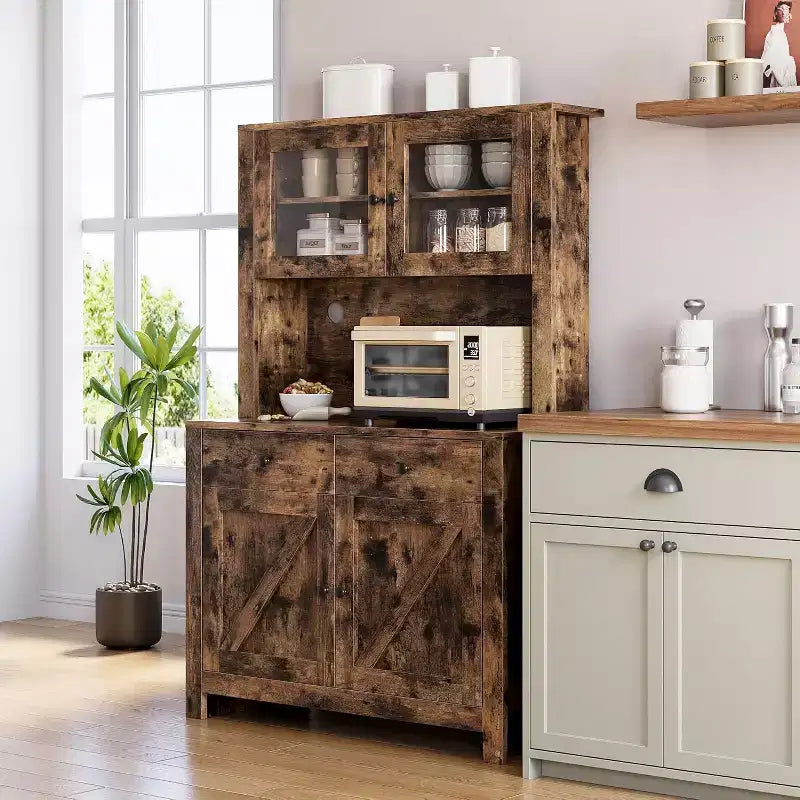 Dispensa da Cucina con Supporto per Microonde e Angolo Caffè, Madia Indipendente con Cassetti, Ante e Ripiani Regolabili