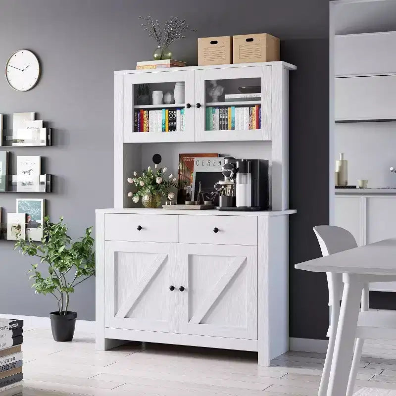 Dispensa da Cucina con Supporto per Microonde e Angolo Caffè, Madia Indipendente con Cassetti, Ante e Ripiani Regolabili