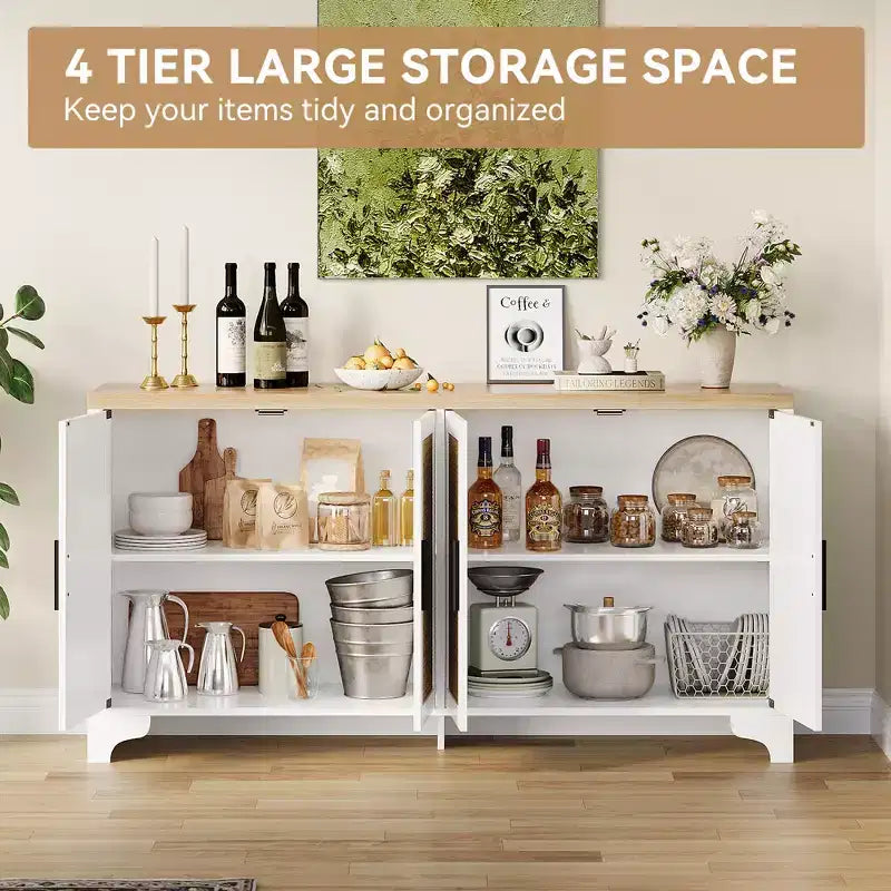 Mobile credenza buffet a 4 ante, mobile contenitore in rattan naturale, credenza boho per ingresso, stazione caffè per sala da pranzo