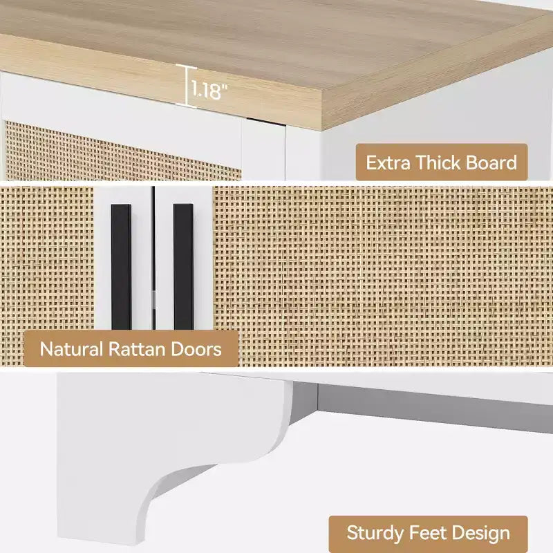 Mobile credenza buffet a 4 ante, mobile contenitore in rattan naturale, credenza boho per ingresso, stazione caffè per sala da pranzo