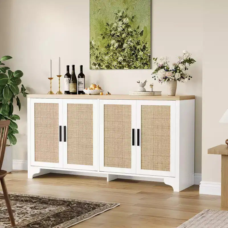 Mobile credenza buffet a 4 ante, mobile contenitore in rattan naturale, credenza boho per ingresso, stazione caffè per sala da pranzo