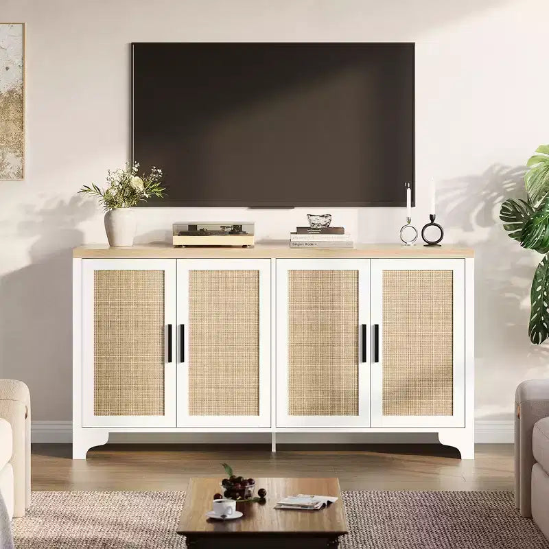 Mobile credenza buffet a 4 ante, mobile contenitore in rattan naturale, credenza boho per ingresso, stazione caffè per sala da pranzo