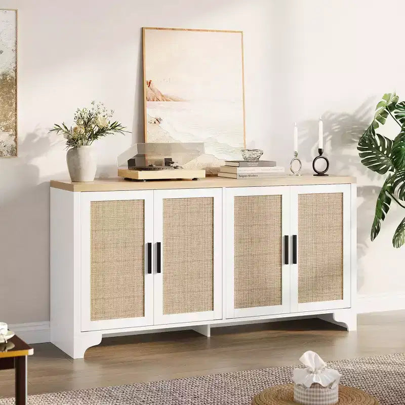 Mobile credenza buffet a 4 ante, mobile contenitore in rattan naturale, credenza boho per ingresso, stazione caffè per sala da pranzo