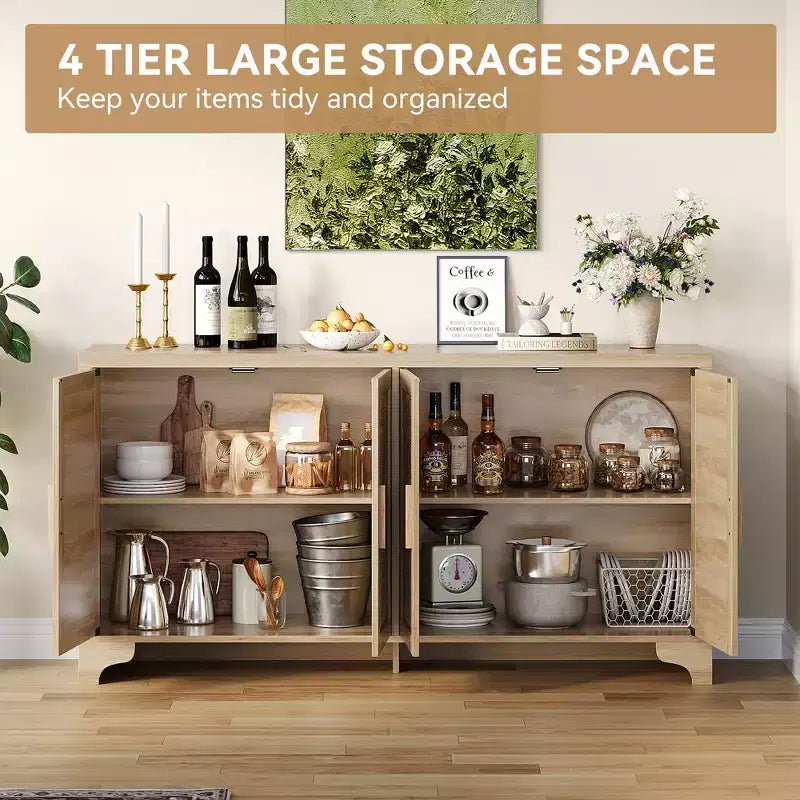 Mobile credenza buffet a 4 ante, mobile contenitore in rattan naturale, credenza boho per ingresso, stazione caffè per sala da pranzo