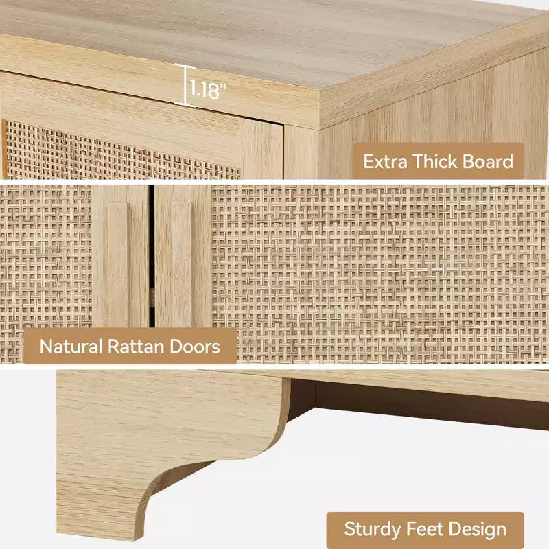 Mobile credenza buffet a 4 ante, mobile contenitore in rattan naturale, credenza boho per ingresso, stazione caffè per sala da pranzo