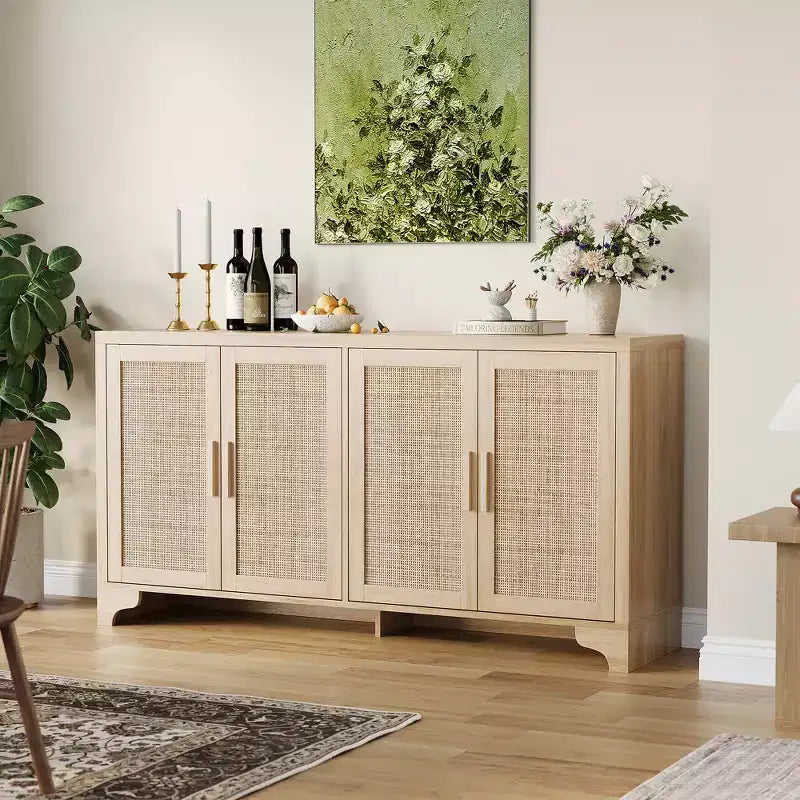 Mobile credenza buffet a 4 ante, mobile contenitore in rattan naturale, credenza boho per ingresso, stazione caffè per sala da pranzo