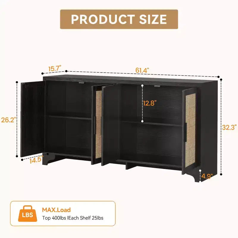 Mobile credenza buffet a 4 ante, mobile contenitore in rattan naturale, credenza boho per ingresso, stazione caffè per sala da pranzo