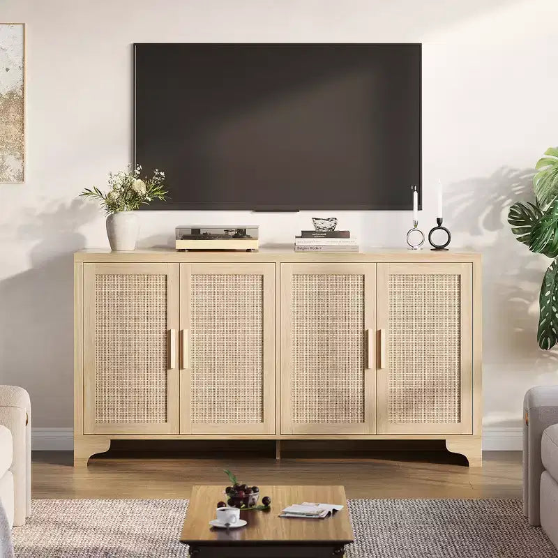 Mobile credenza buffet a 4 ante, mobile contenitore in rattan naturale, credenza boho per ingresso, stazione caffè per sala da pranzo