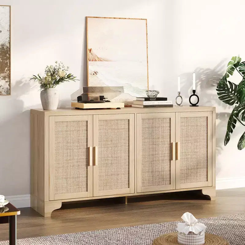 Mobile credenza buffet a 4 ante, mobile contenitore in rattan naturale, credenza boho per ingresso, stazione caffè per sala da pranzo