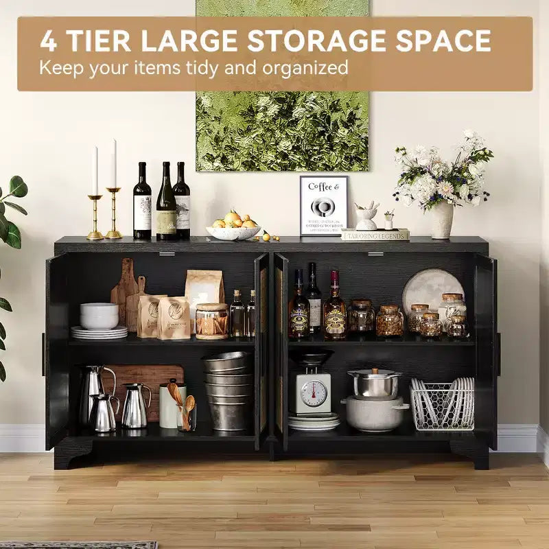 Mobile credenza buffet a 4 ante, mobile contenitore in rattan naturale, credenza boho per ingresso, stazione caffè per sala da pranzo