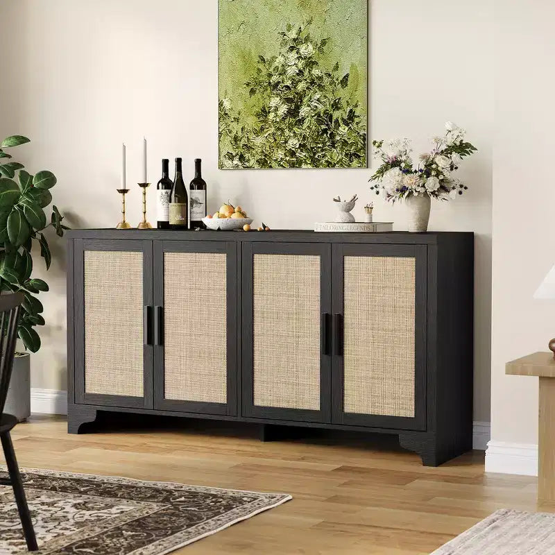 Mobile credenza buffet a 4 ante, mobile contenitore in rattan naturale, credenza boho per ingresso, stazione caffè per sala da pranzo